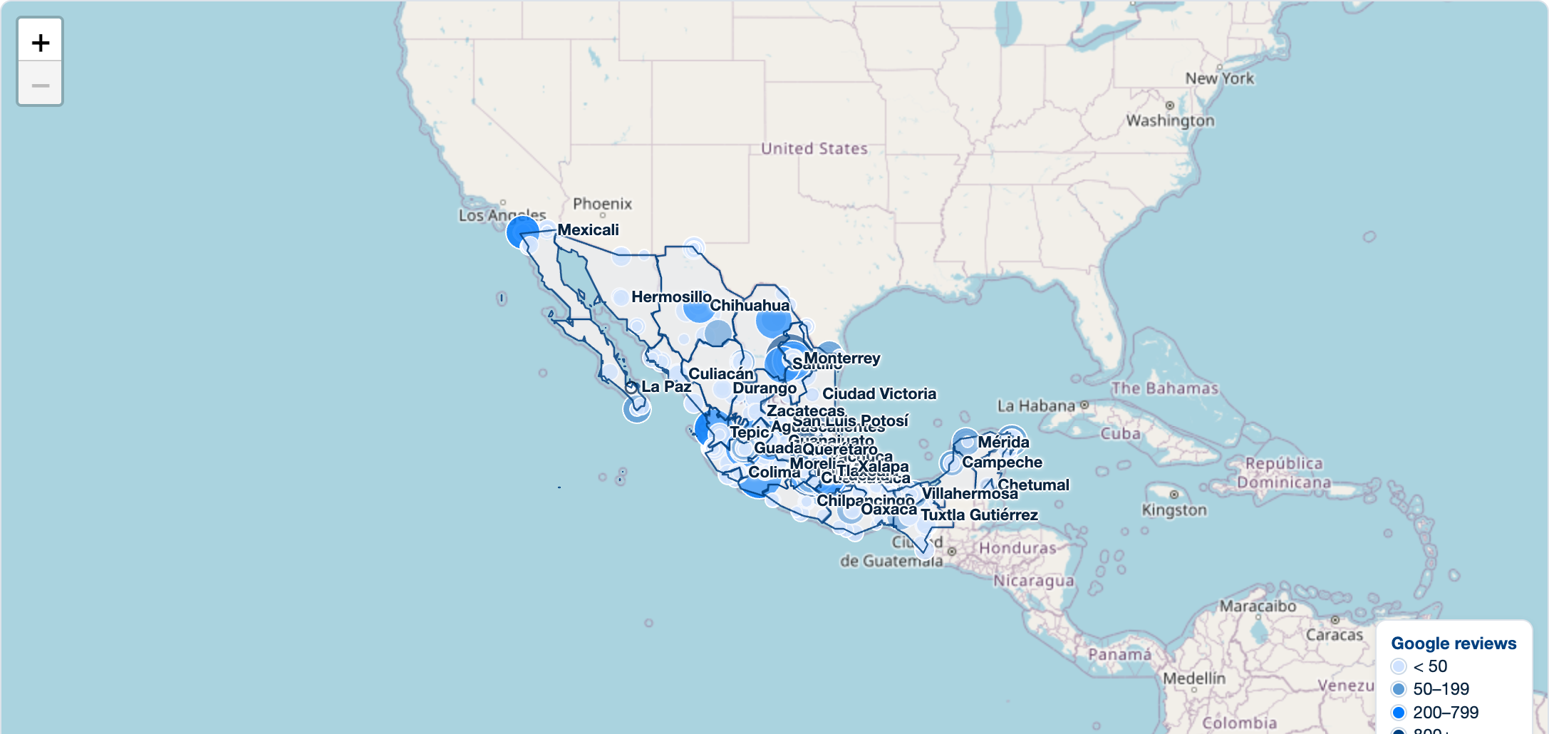 Map of Mexico with bubbles for tracked shops sized by Google review count